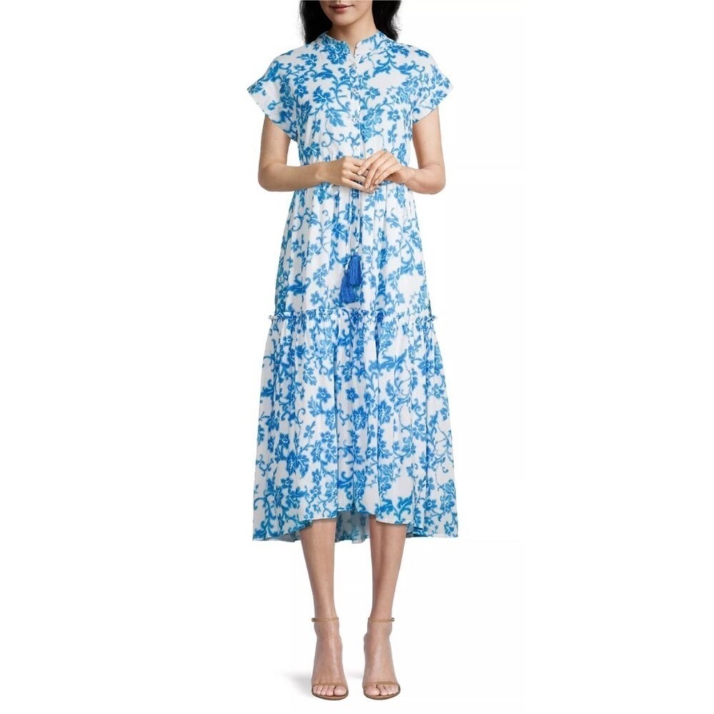 Roโs Garden Mumi Blue Floral Tiered Cotton Tassel Maxi Dress Short Sleeve Small